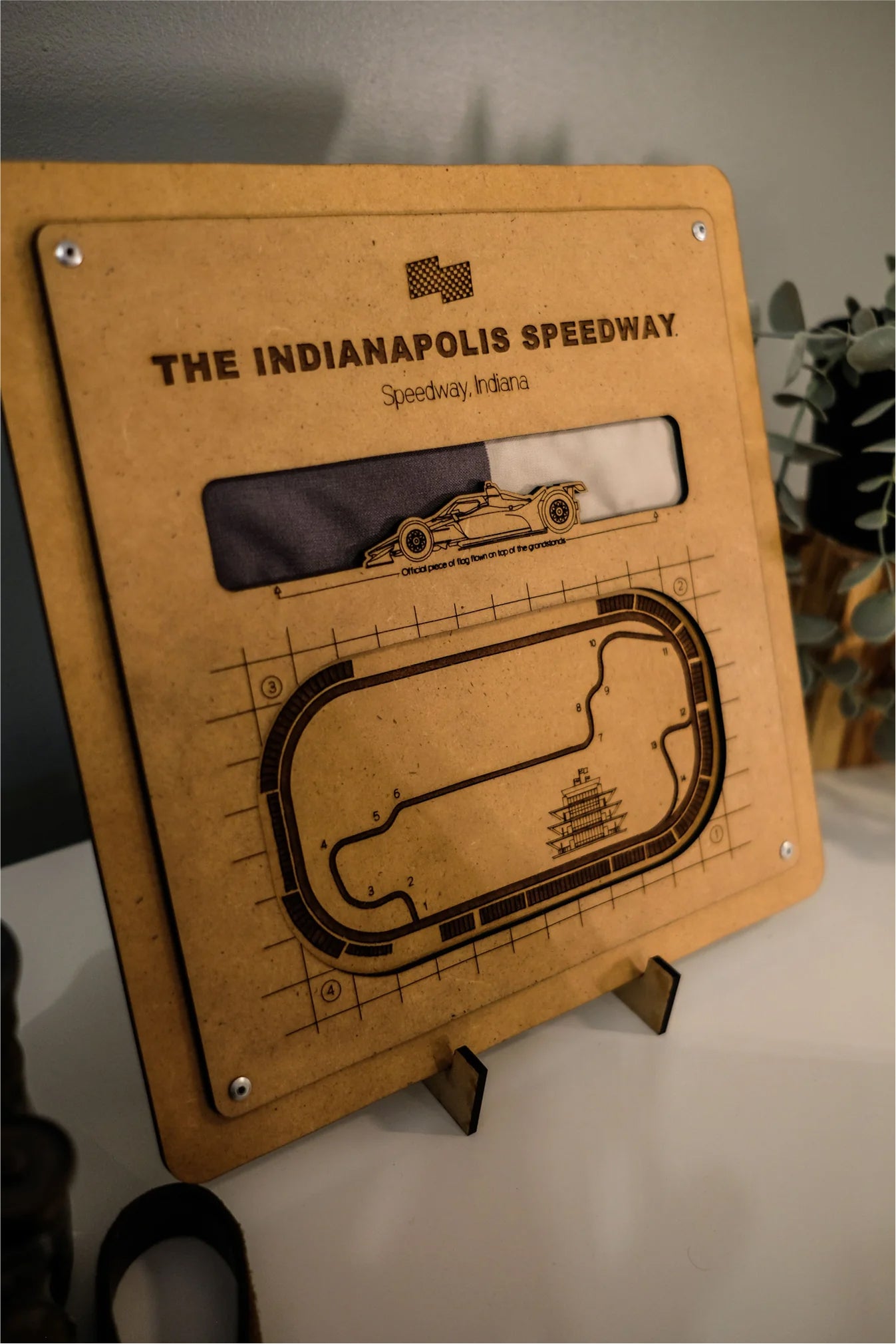 Indianapolis Motor Speedway® 3D Track Map w/ Official Track Flown Flag Woodcraft Art Display