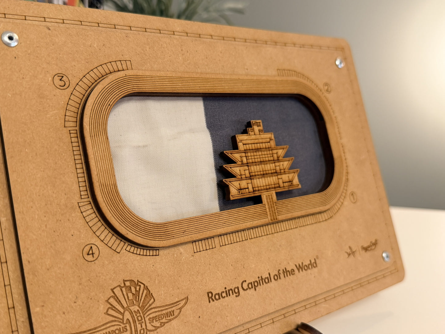 Indianapolis Motor Speedway® 3D Track Map w/ Official Track Flown Flag Woodcraft Art Display