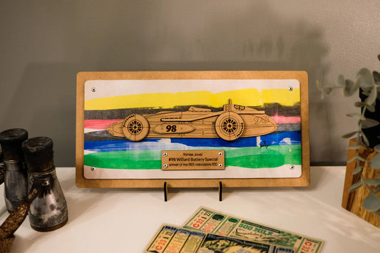 Indy Speedway Art - Parnelli Jones Watson Roadster - Indiana Racing Stripes Woodcraft Art Display