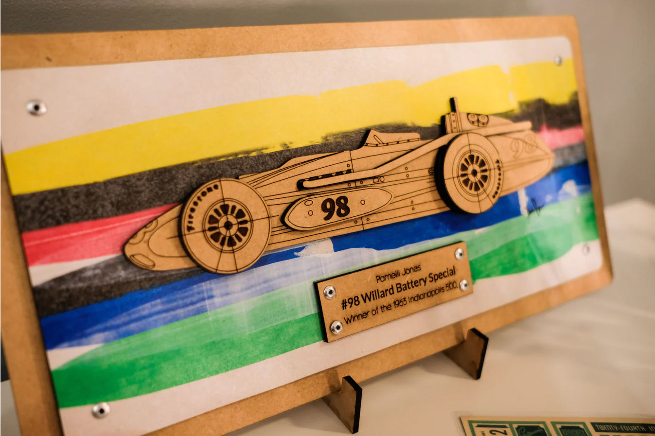 Indy Speedway Art - Parnelli Jones Watson Roadster - Indiana Racing Stripes Woodcraft Art Display
